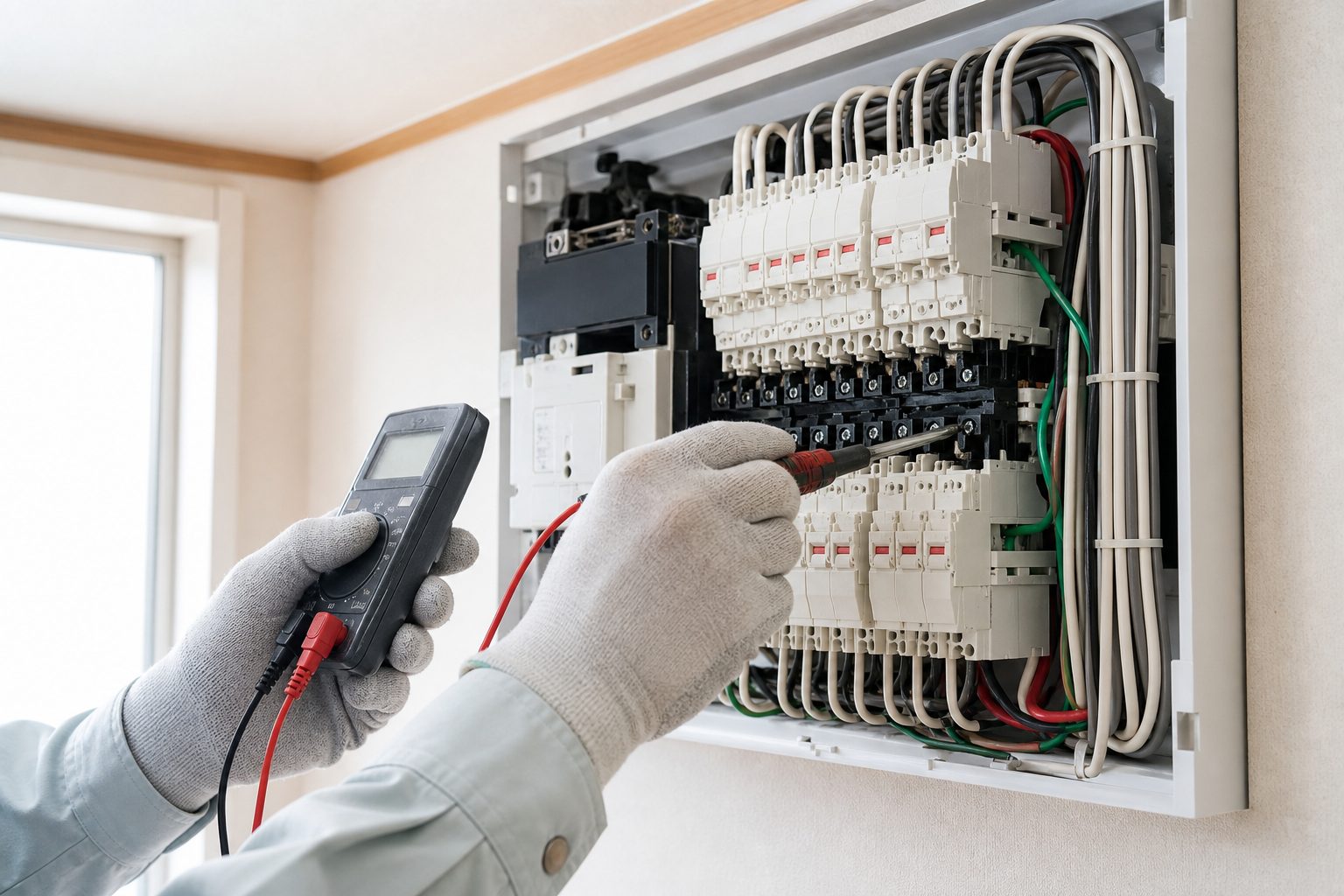 分電盤をテスターで確認する電気工事士の手元